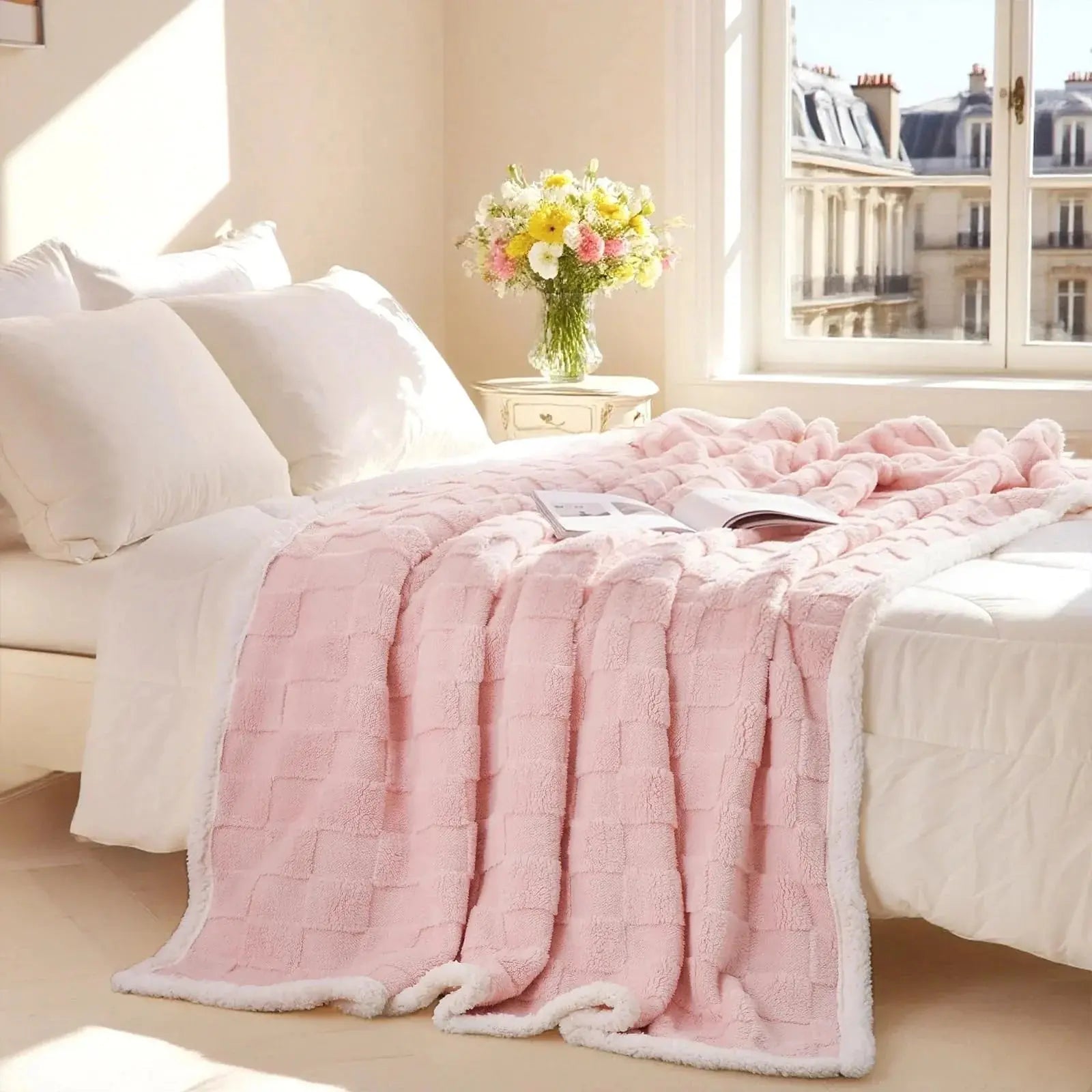 Sherpa Flannel Throw Blanket for Comfort and Warmth - Available in Pink, Beige, Grey, White; Sizes: Single, Double — Lifestyl