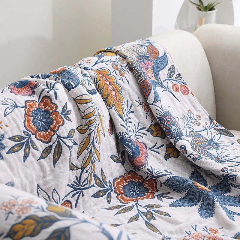 Artistic Flora Jacquard Blanket — Woven Botanical Throw — Lifestyle 1