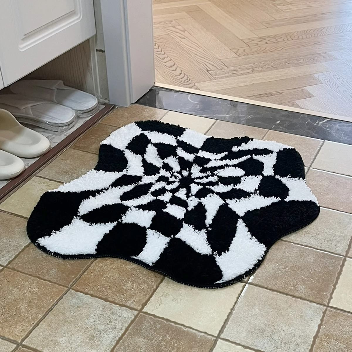 Black & White Checkered Blob Rug — Soft Accent Rug for Bedroom Layering — Lifestyle 2