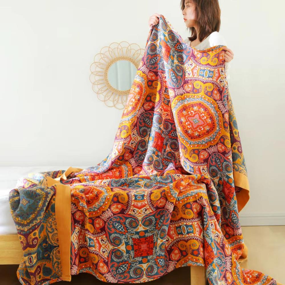 Cotton Sunrise Boho Throw Blanket — Reversible Woven Sun Motif — Lifestyle 1