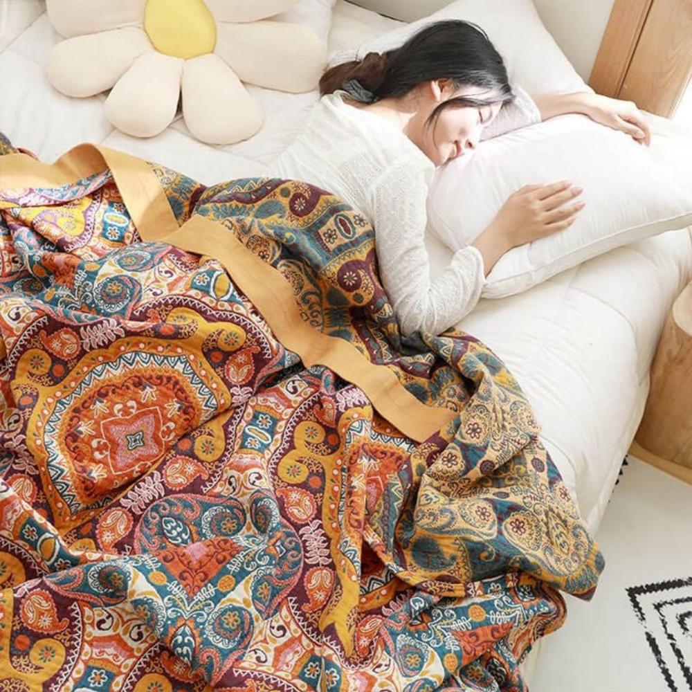 Cotton Sunrise Boho Throw Blanket — Reversible Woven Sun Motif — Lifestyle 3