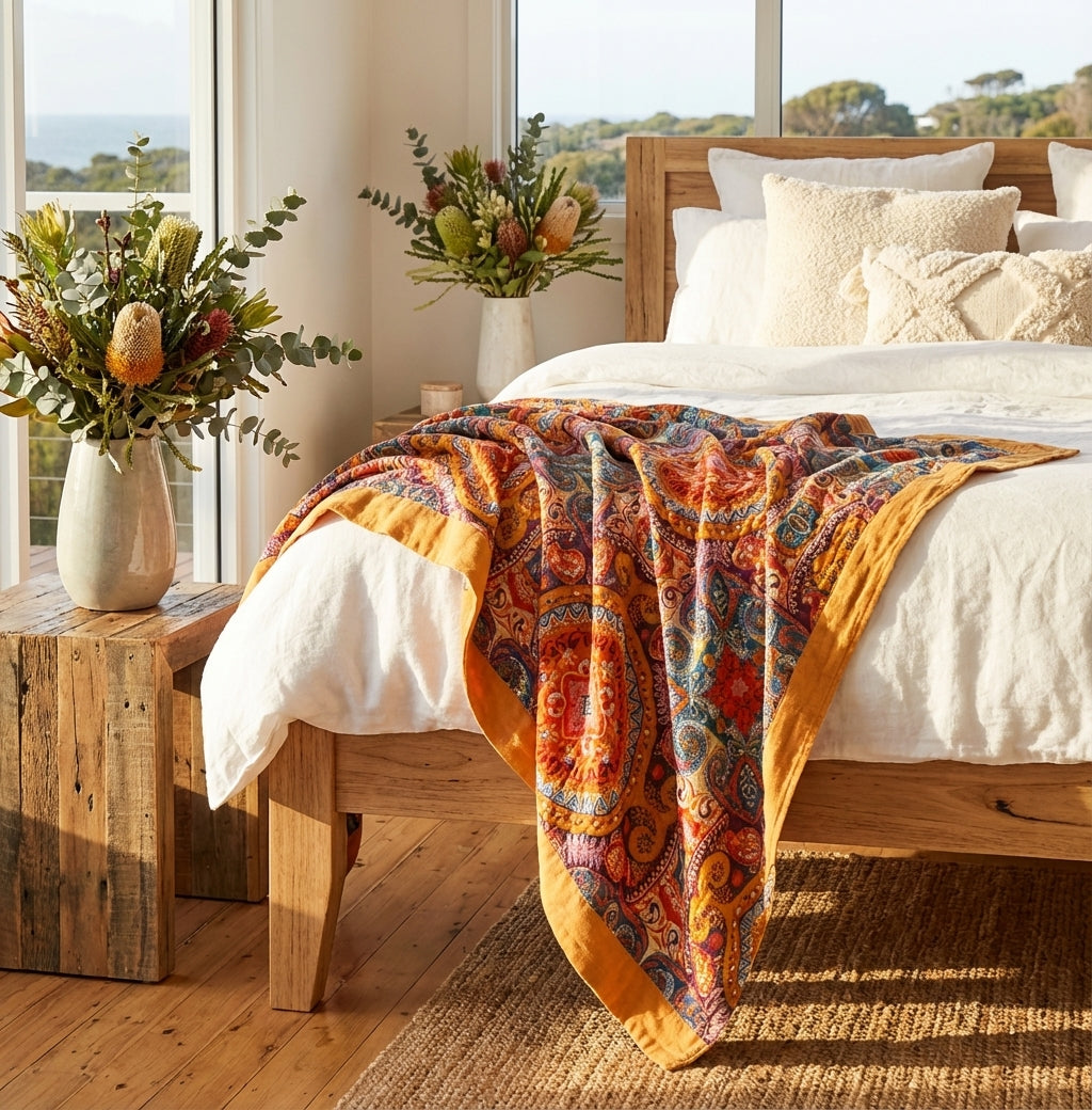 Cotton Sunrise Boho Throw Blanket — Reversible Woven Sun Motif — Front view