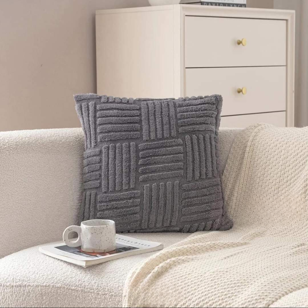 Quad-Ribbed Plush Cushion Cover — Architectural Texture — Lifestyle 1