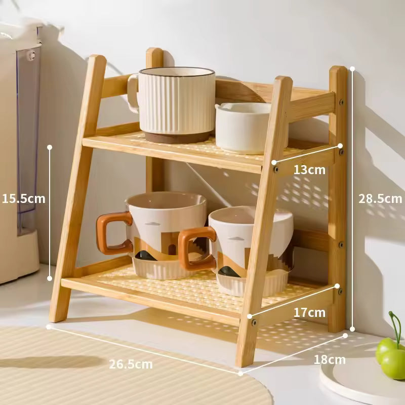 Bamboo Tiered Countertop Organiser — Two-Tier Storage Rack — Detail