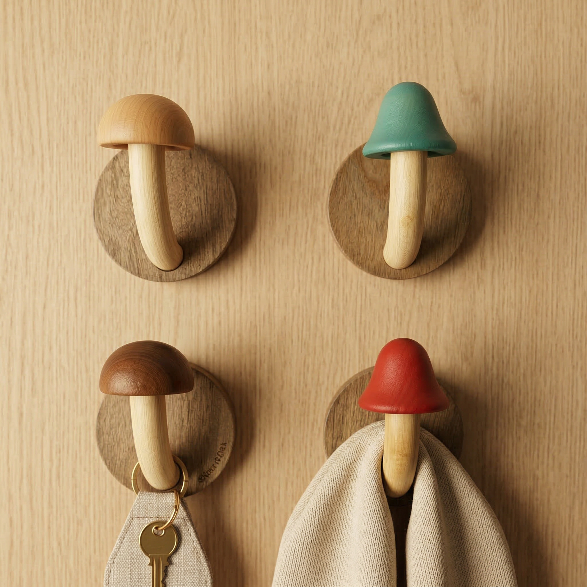 Timber Mushroom Wall Hook Set — Whimsical Wooden Pegs — Front view