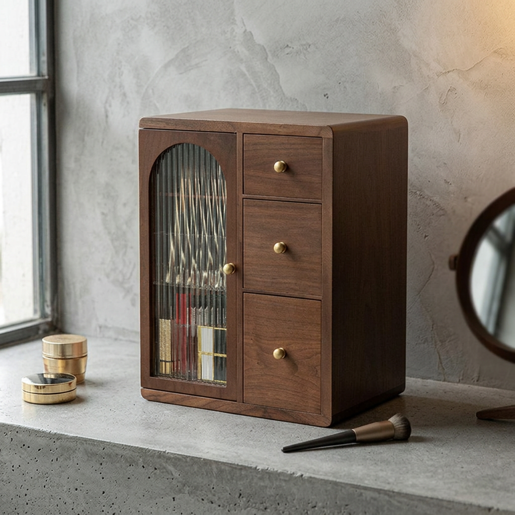 Walnut Fluted-Glass Vanity Cabinet — Dressing-Table Organiser — Front view