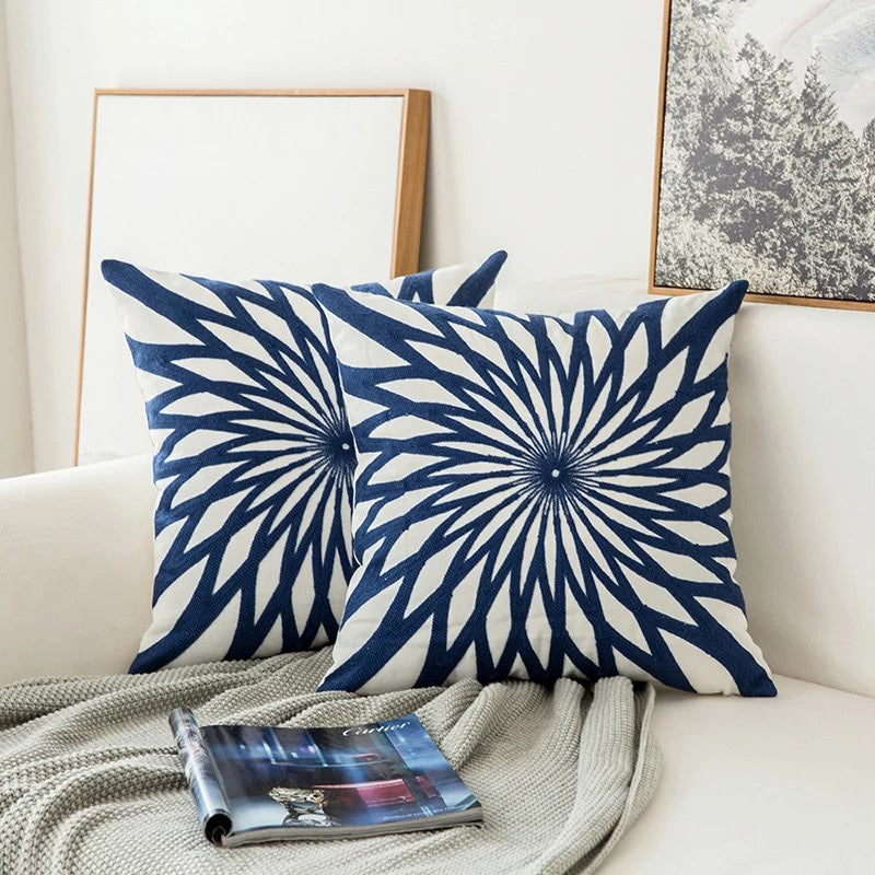 Radial Ornament Cushion Cover — Embroidered Navy Accent — Front view