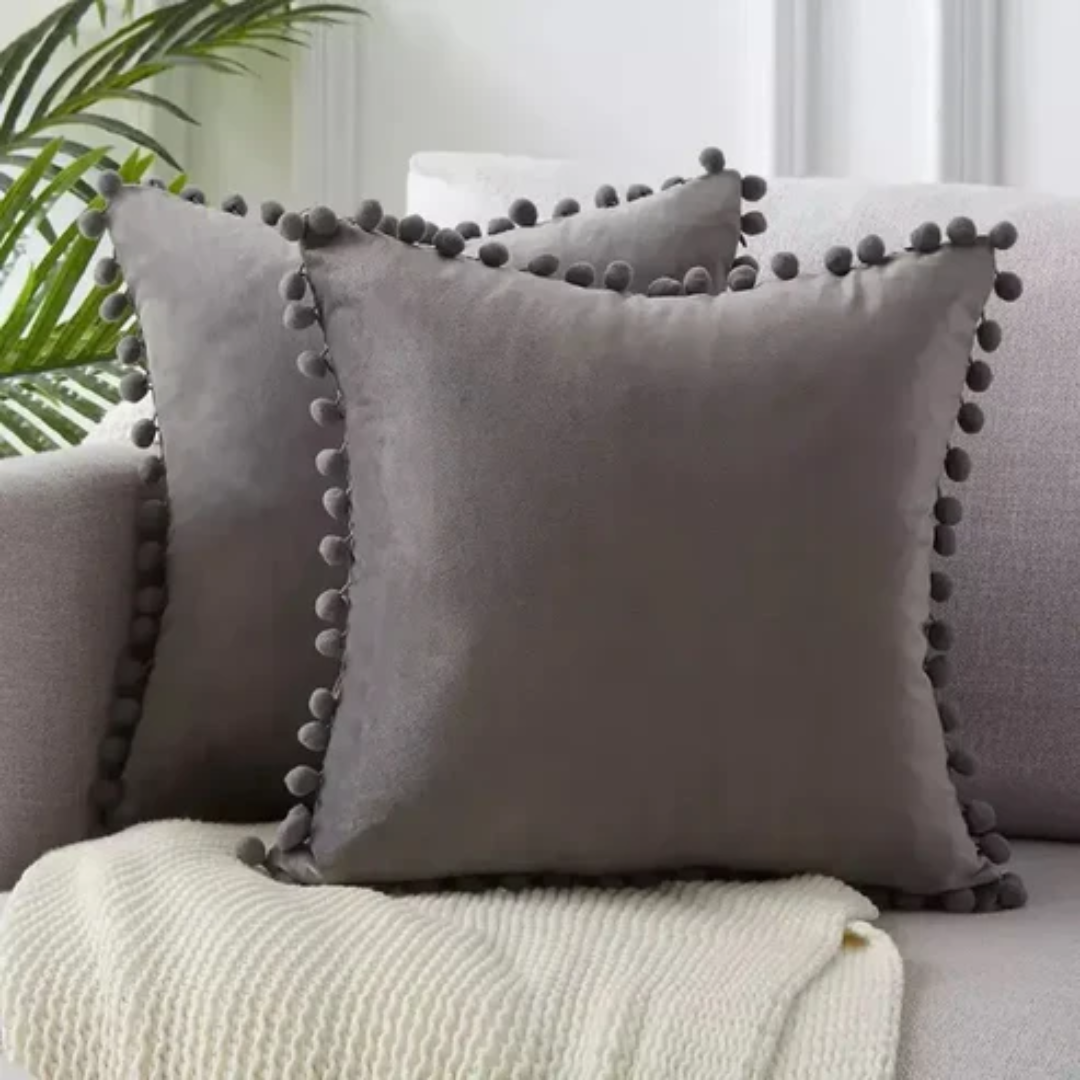 Pom-Pom Trim Cushion — Bohemian Off-White Decorative Accent — Detail