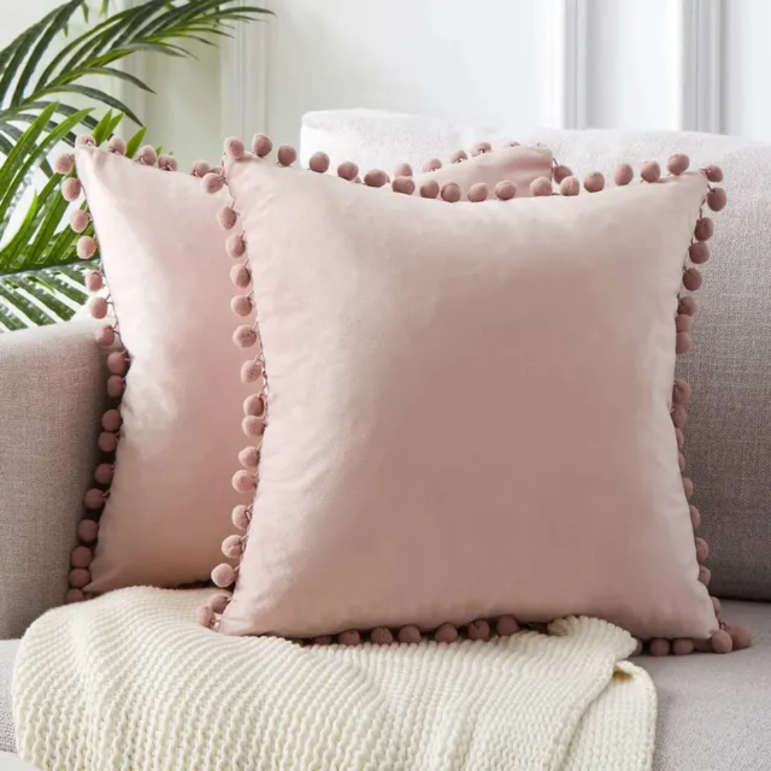 Pom-Pom Trim Cushion — Bohemian Off-White Decorative Accent — Lifestyle 2