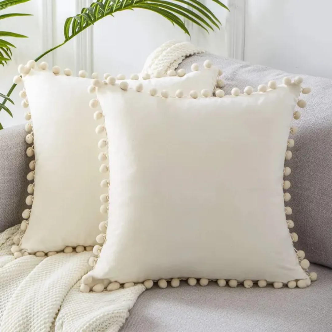 Pom-Pom Trim Cushion — Bohemian Off-White Decorative Accent — Front view
