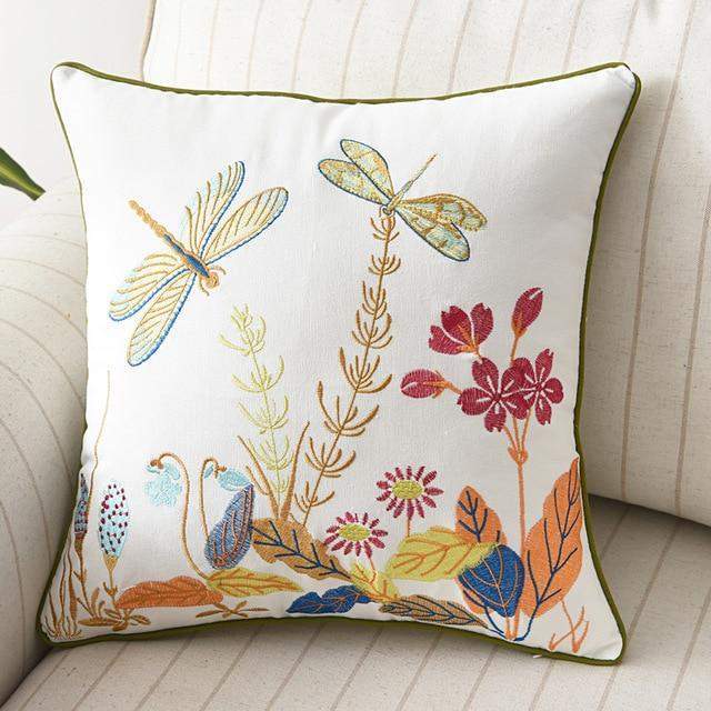 Embroidered Dragonfly Cushion Cover — Country Meadow Accent — Detail