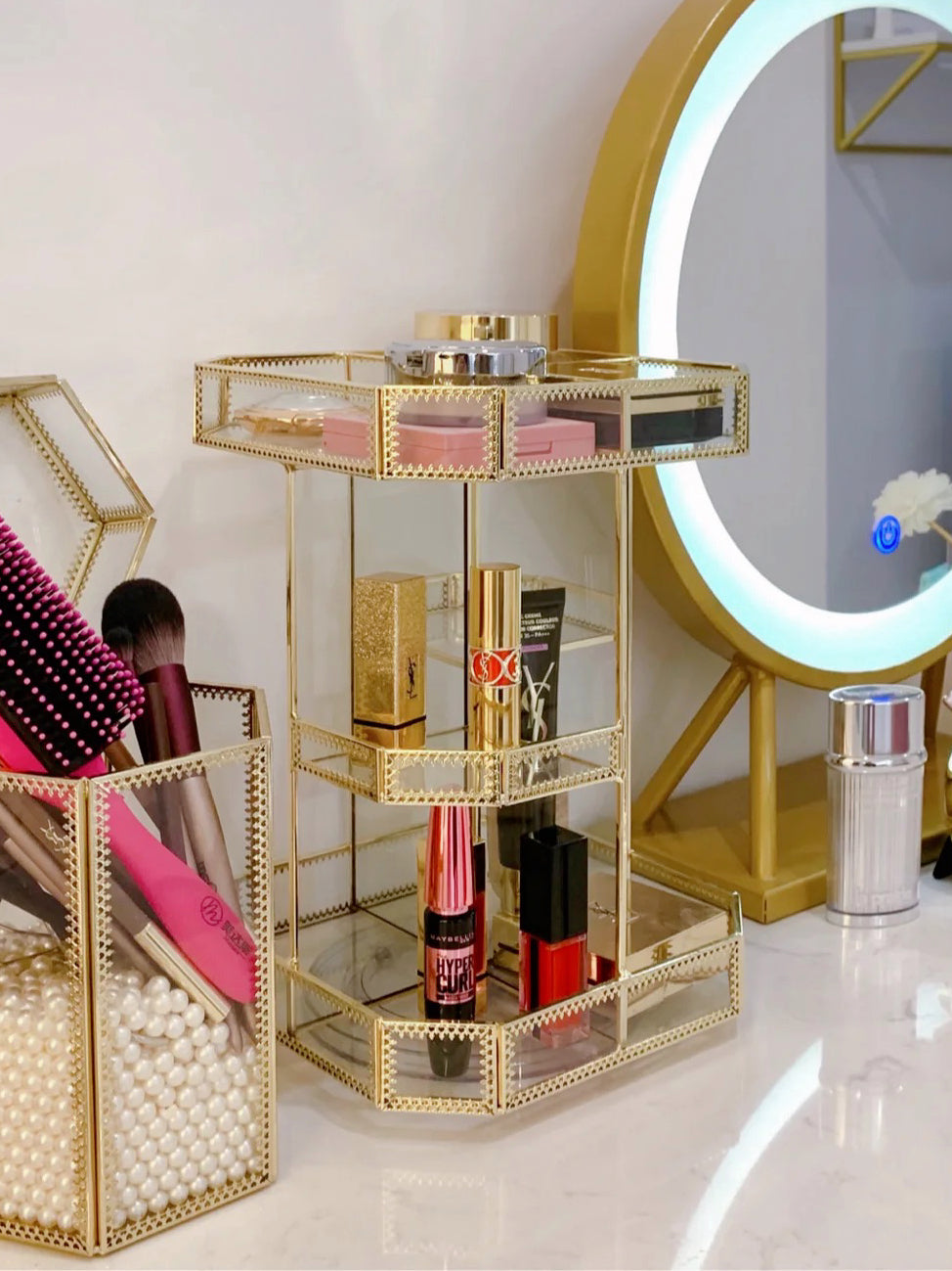 Rotating Gold-Glass Vanity Organiser — Geometric Dressing-Table Stand — Lifestyle 1