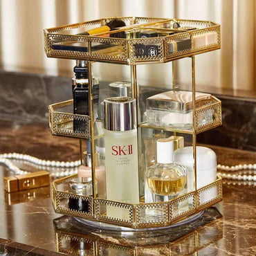 Rotating Gold-Glass Vanity Organiser — Geometric Dressing-Table Stand — Lifestyle 3
