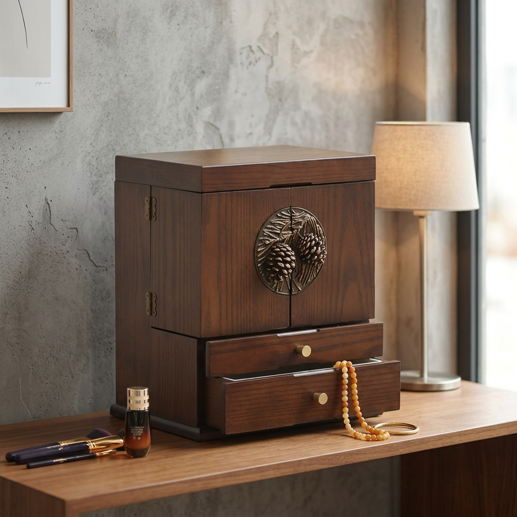 Walnut Vanity Chest — Heritage Pinecone-Detail Cabinet — Front view