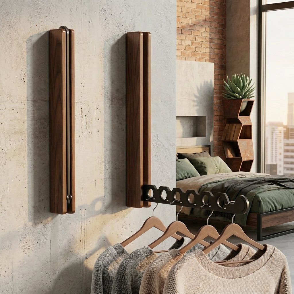 Collapsible Timber Hanger Rail — Folding Wall-Mount Rack — Lifestyle 3