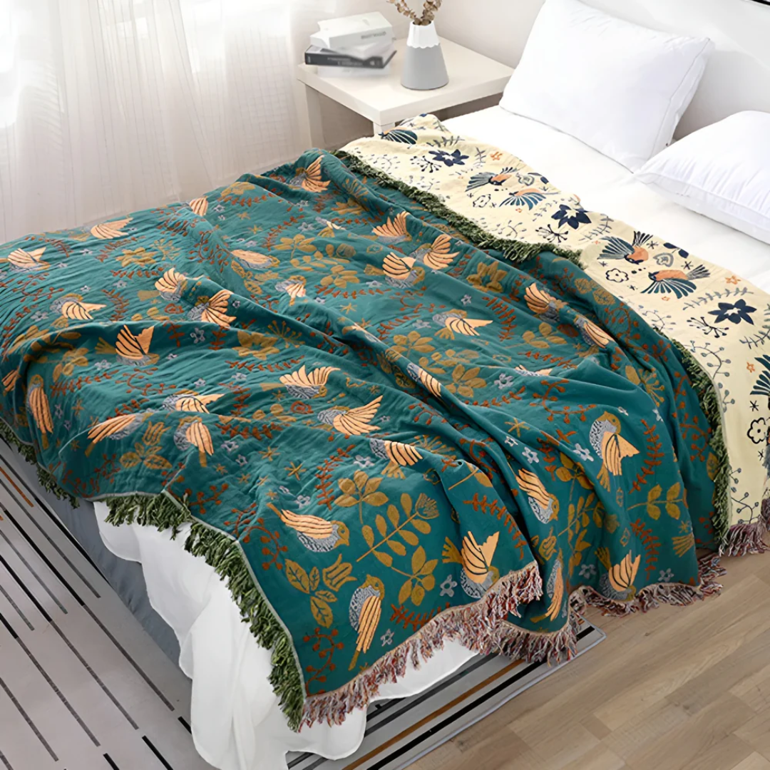 Embroidered Cotton Blanket — Warm Folk-Pattern Throw — Detail
