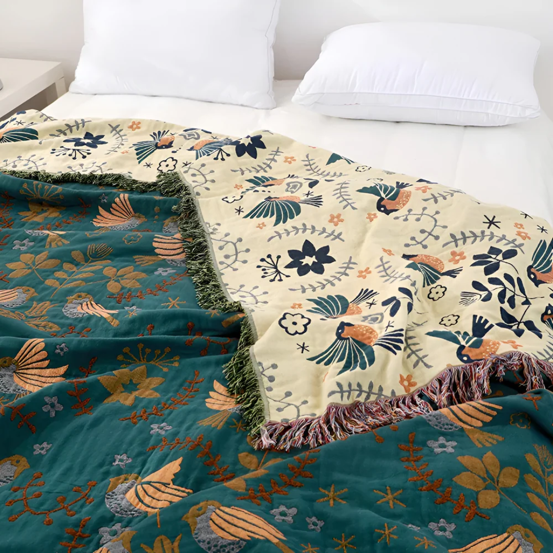 Embroidered Cotton Blanket — Warm Folk-Pattern Throw — Lifestyle 1