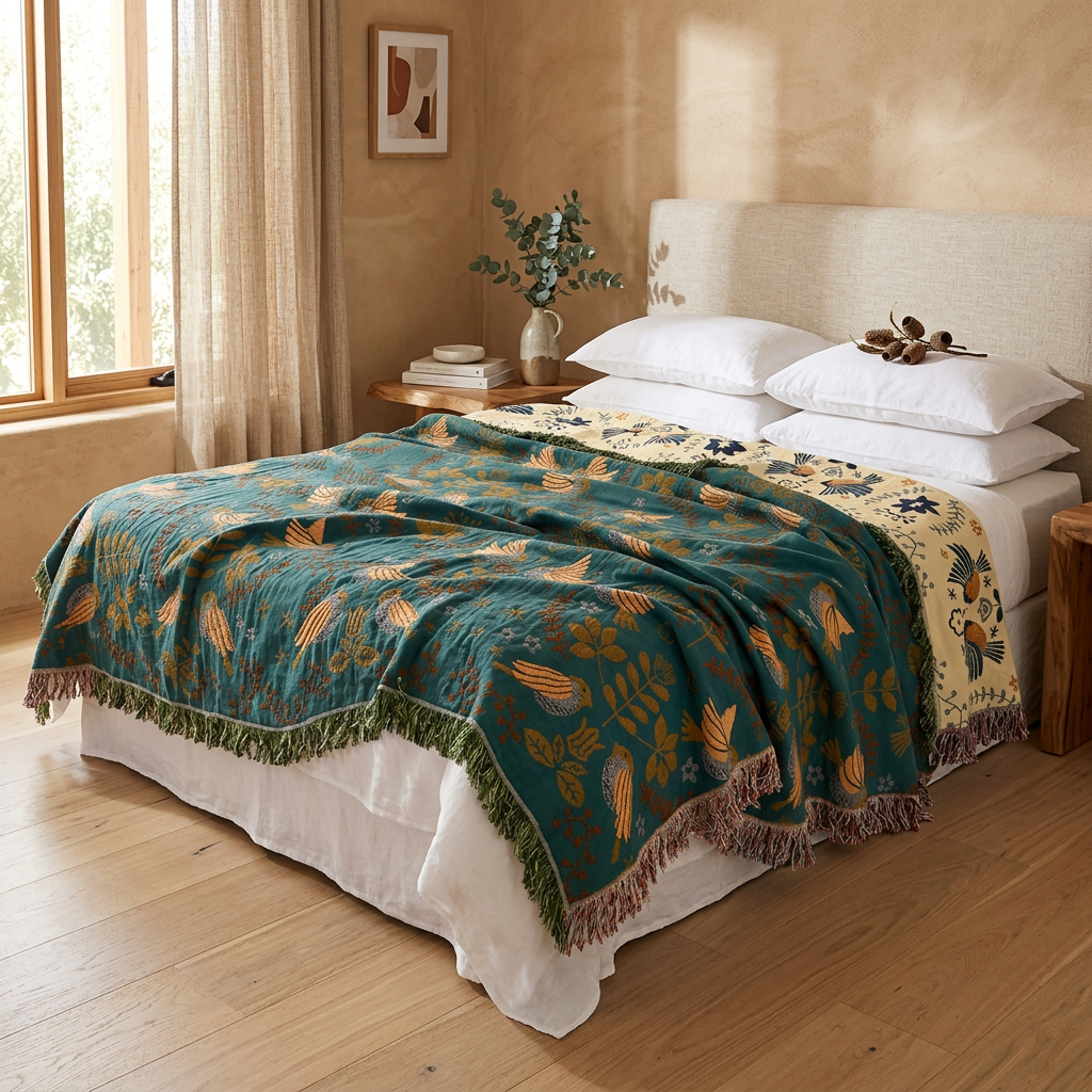 Embroidered Cotton Blanket — Warm Folk-Pattern Throw — Front view