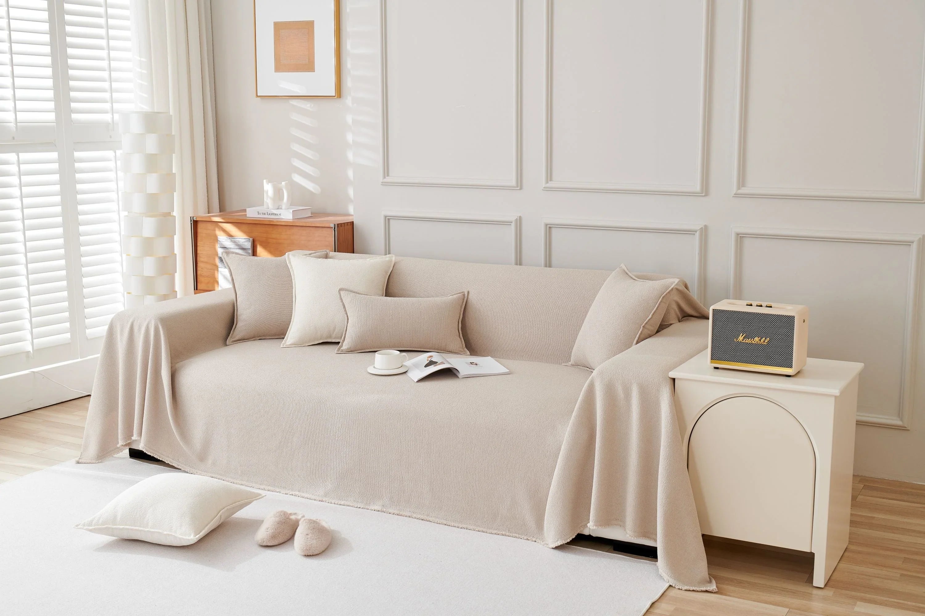 Monsoon Throw Blanket — Soft Textured Comfort in Milk Tea — Lifestyle 1