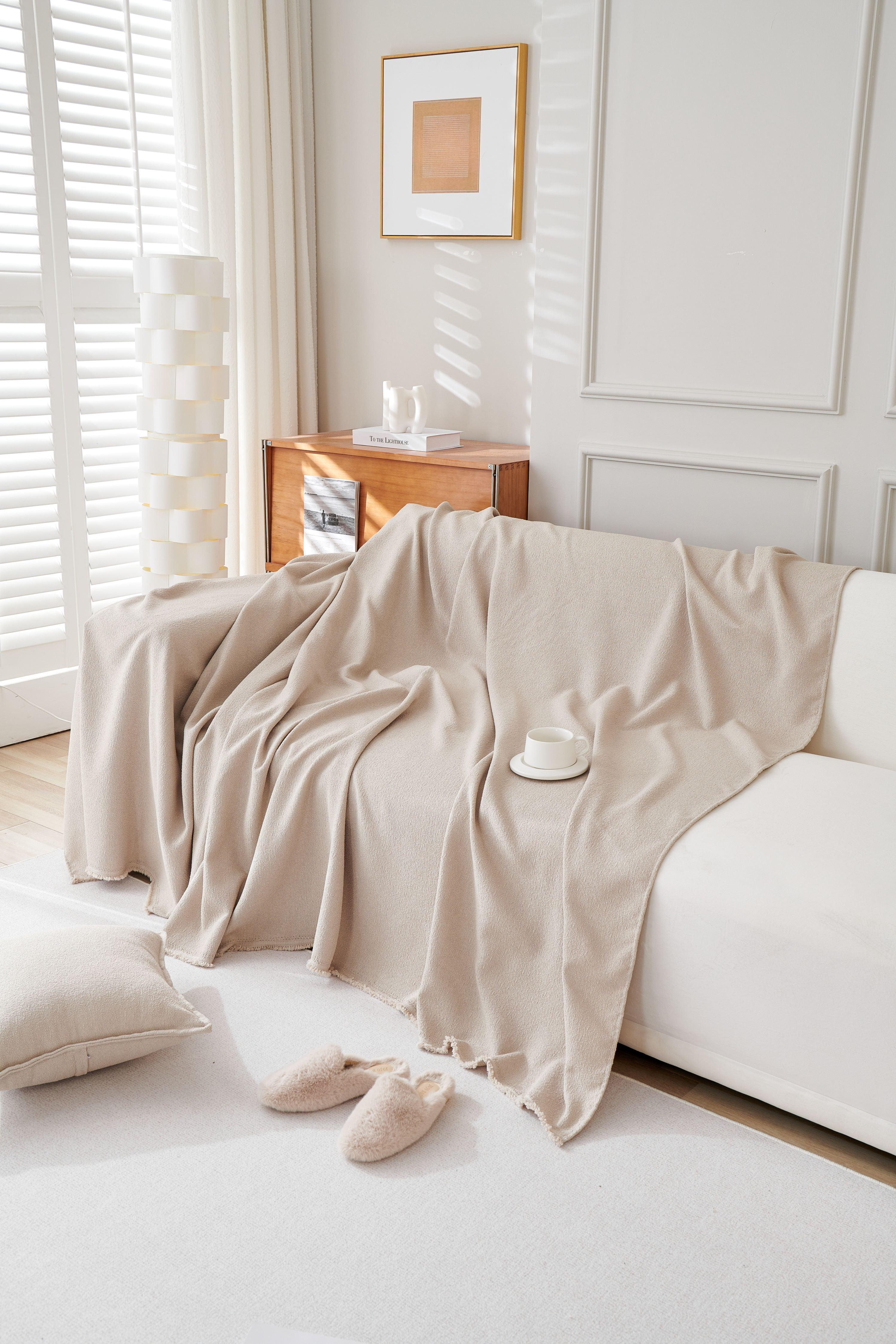 Monsoon Throw Blanket — Soft Textured Comfort in Milk Tea — Lifestyle 2