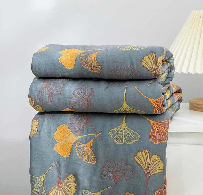 Cotton Ginkgo Throw Blanket — Reversible Woven Botanical Design — Lifestyle 2