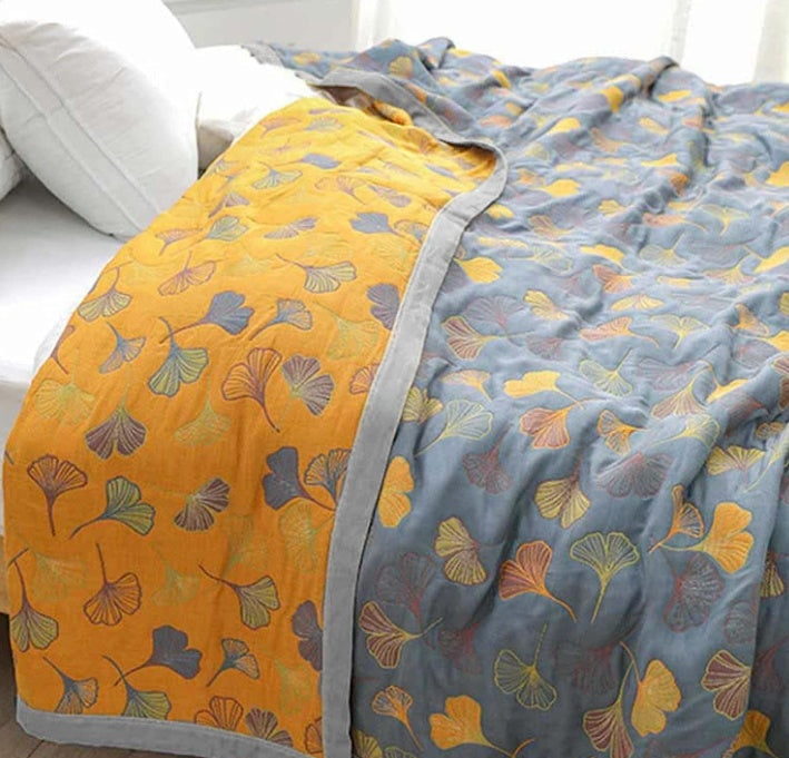 Cotton Ginkgo Throw Blanket — Reversible Woven Botanical Design — Lifestyle 3
