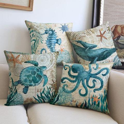 Sea Turtle Cushion Cover — Vintage Nautical Accent — Lifestyle 1