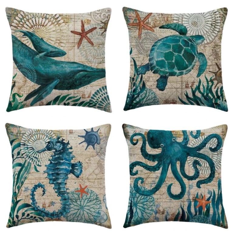 Sea Turtle Cushion Cover — Vintage Nautical Accent — Lifestyle 5