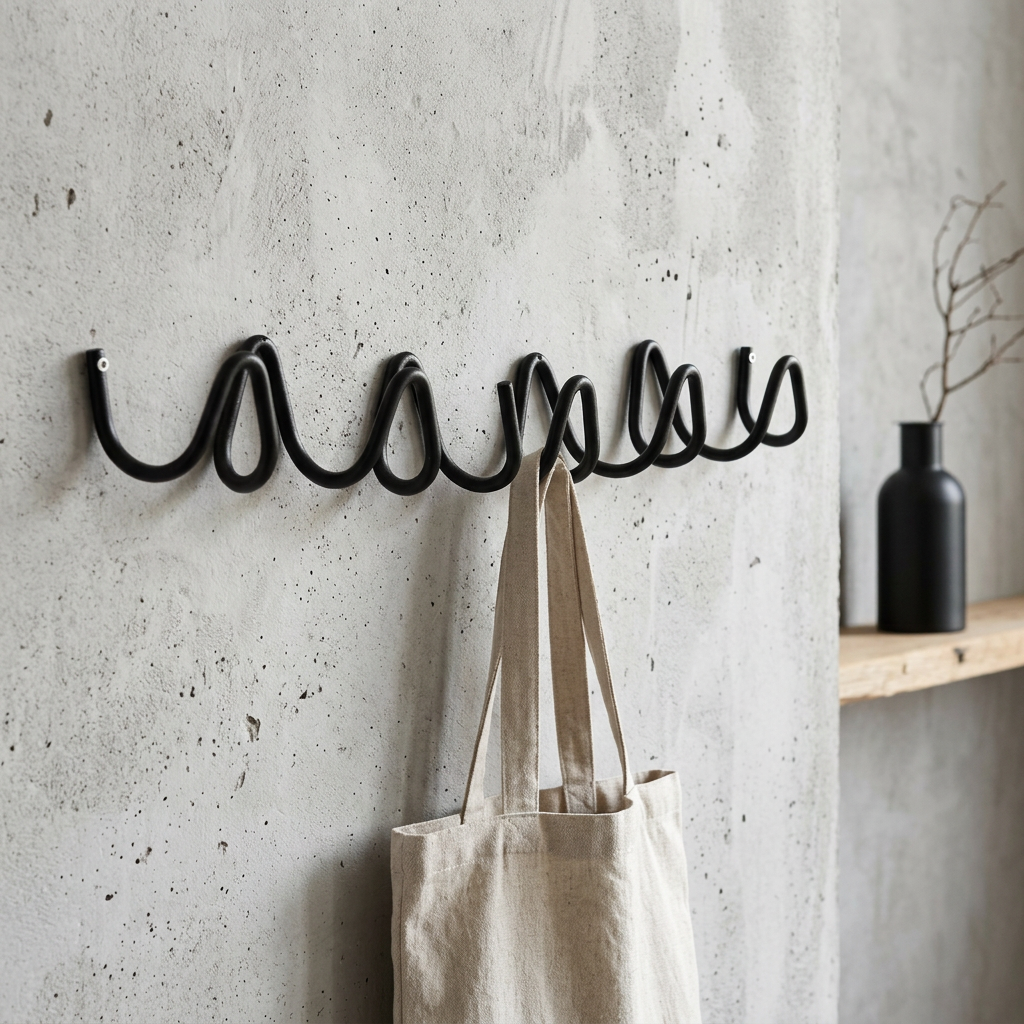Wrought Iron Wall Hooks — Modern Wave-Design Coat Rack — Front view