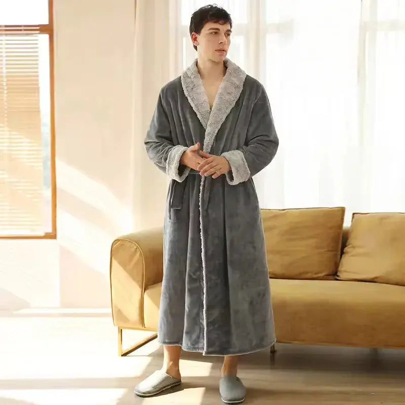 Couple's Flannel Fleece Bathrobes in Navy Blue, Black, Gray, Brown - Women's and Men's Sizes Available — Lifestyle 10