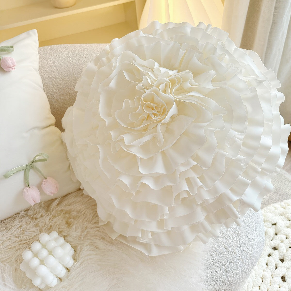 French Vintage Tulip & Ruffle Pillow Cover — Soft Textured Pillow for Bedroom Layering — Lifestyle 8