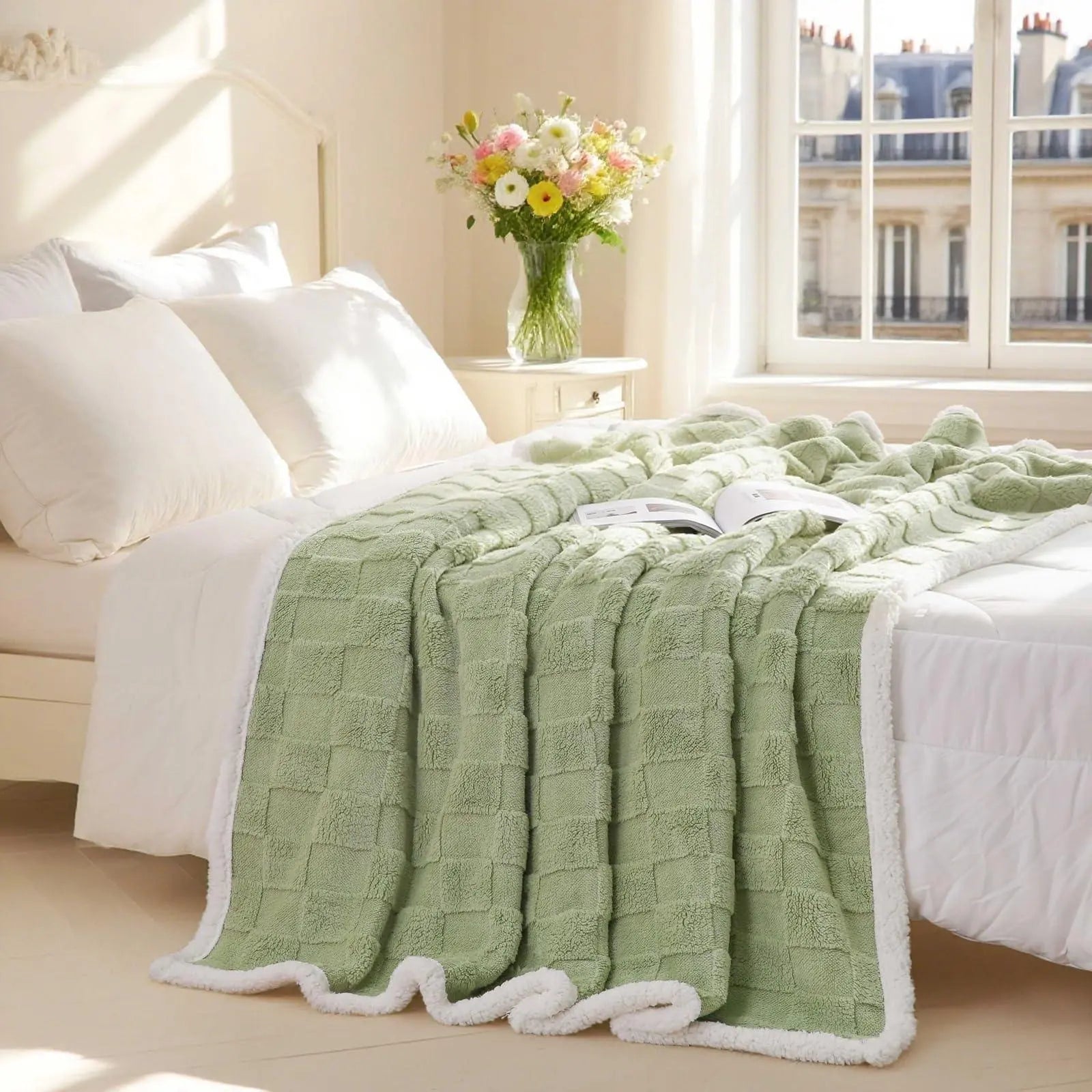 Sherpa Flannel Throw Blanket for Comfort and Warmth - Available in Pink, Beige, Grey, White; Sizes: Single, Double — Lifestyl