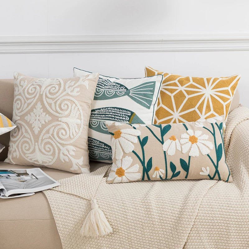 Embroidered Floral Cushion Cover — Linen-Cotton Pillowcase for Bedroom Styling — Front view