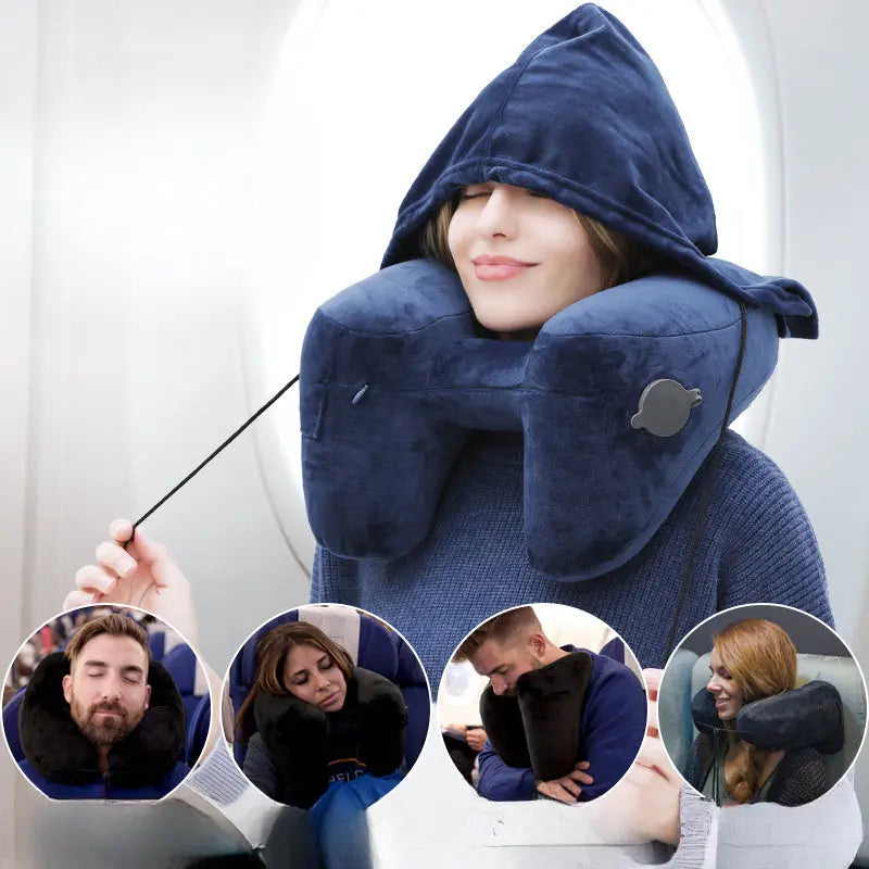 Inflatable H-Type Neck Pillow for Travel Comfort - Available in Blue, Grey, Black, and Pink — Detail