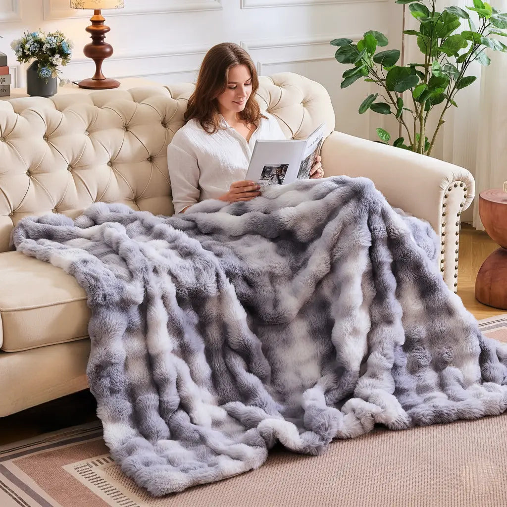 Luxurious Faux Rabbit Fleece Sleep Throw Blanket - Soft and Cozy - Available in Blue, Brown, Black, White - Multiple Sizes — 