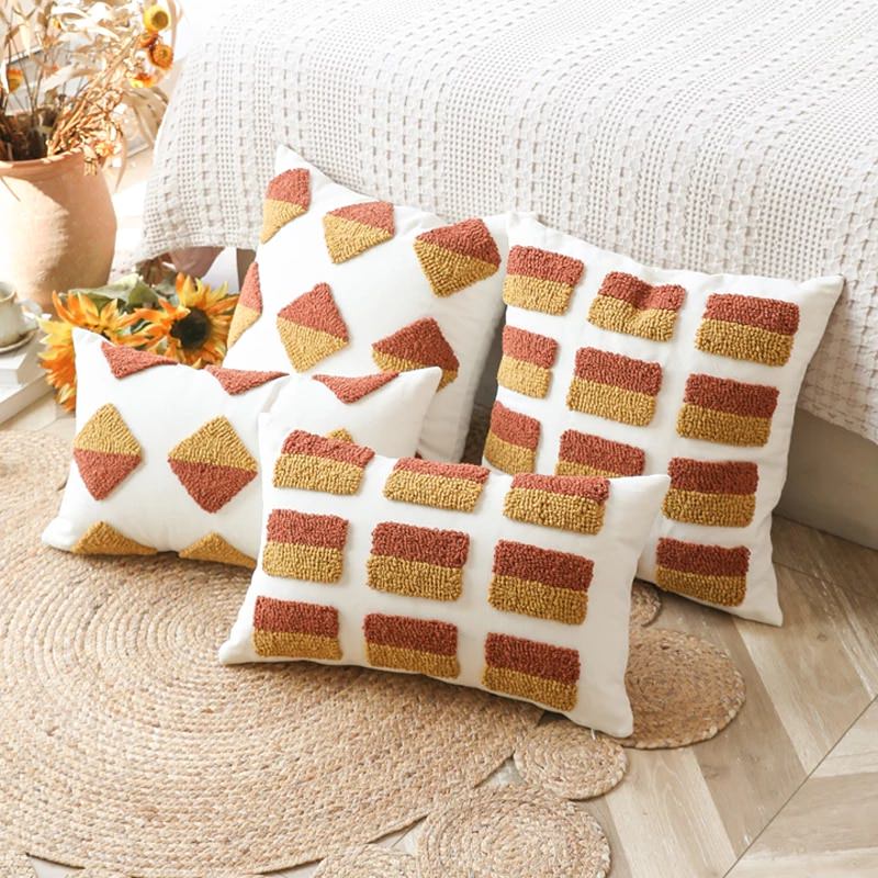 Ochre Tufted Cushion Cover — Soft Textured Pillow for Bedroom Layering — Lifestyle 3