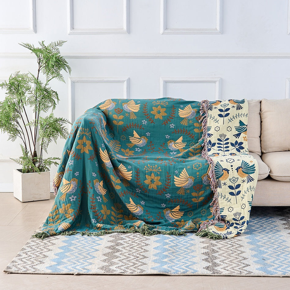 Reversible Jacquard Bird Blanket — Woven 100% Cotton Throw — Lifestyle 1