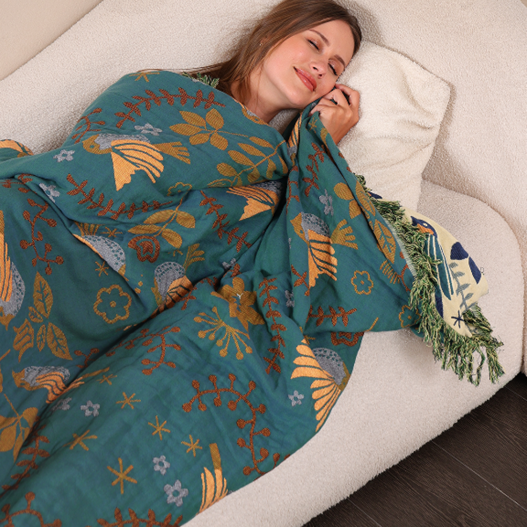 Reversible Jacquard Bird Blanket — Woven 100% Cotton Throw — Lifestyle 4