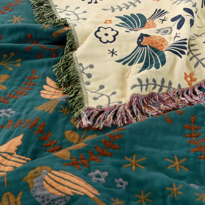 Reversible Jacquard Bird Blanket — Woven 100% Cotton Throw — Lifestyle 5