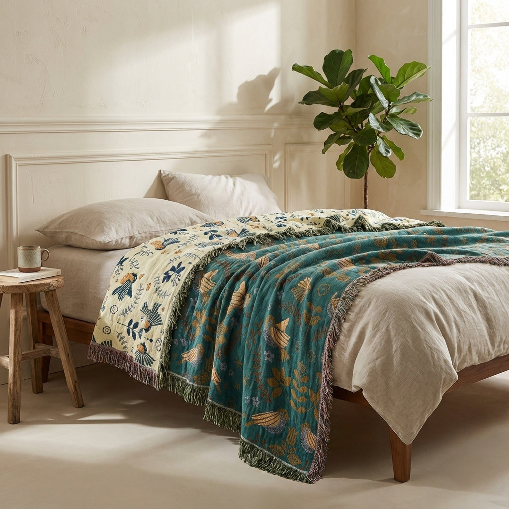 Reversible Jacquard Bird Blanket — Woven 100% Cotton Throw — Front view