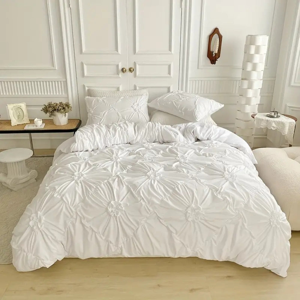 Ruffle Flower Quilt Cover Set — Pinch-Pleat Textured Bedding — Lifestyle 1