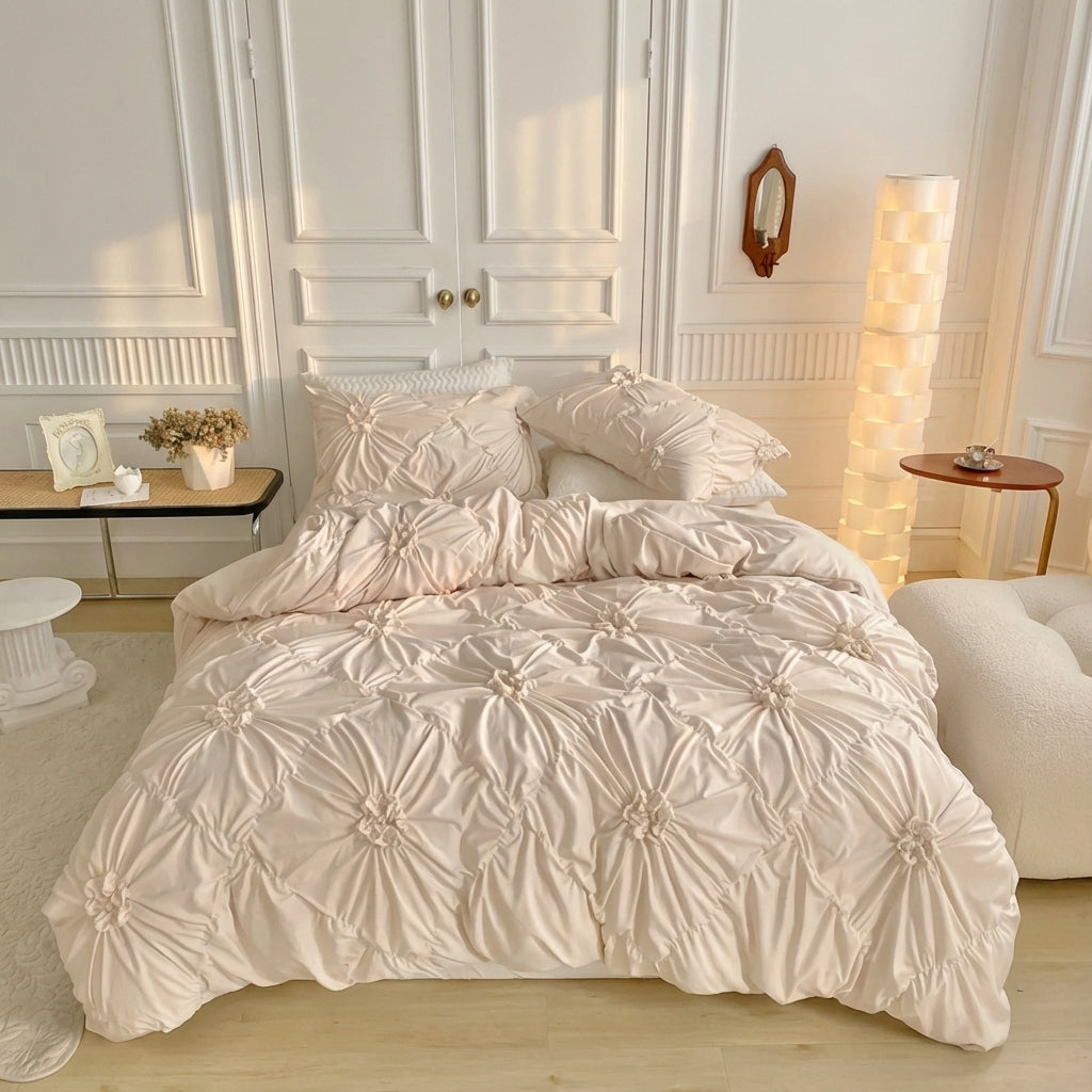Ruffle Flower Quilt Cover Set — Pinch-Pleat Textured Bedding — Detail