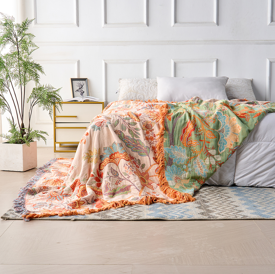 Rustic Floral Jacquard Blanket — Woven Orange & Blue Throw — Lifestyle 3