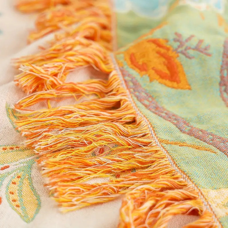 Rustic Floral Jacquard Blanket — Woven Orange & Blue Throw — Lifestyle 6