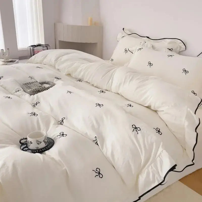 Ruffle Bow Duvet Cover Set for Queen and King Beds in White and Pink – 4 Piece Bedding Collection — Detail