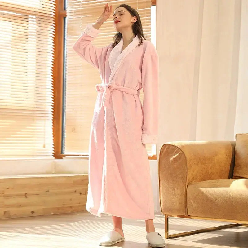 Couple's Flannel Fleece Bathrobes in Navy Blue, Black, Gray, Brown - Women's and Men's Sizes Available — Lifestyle 9