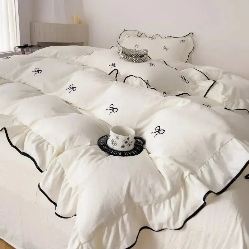 Ruffle Bow Duvet Cover Set for Queen and King Beds in White and Pink – 4 Piece Bedding Collection — Lifestyle 2