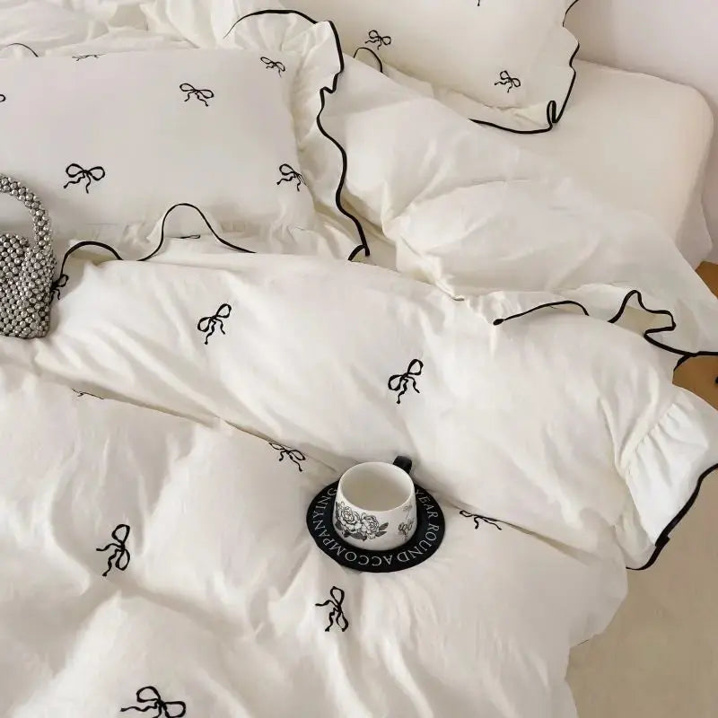 Ruffle Bow Duvet Cover Set for Queen and King Beds in White and Pink – 4 Piece Bedding Collection — Lifestyle 1