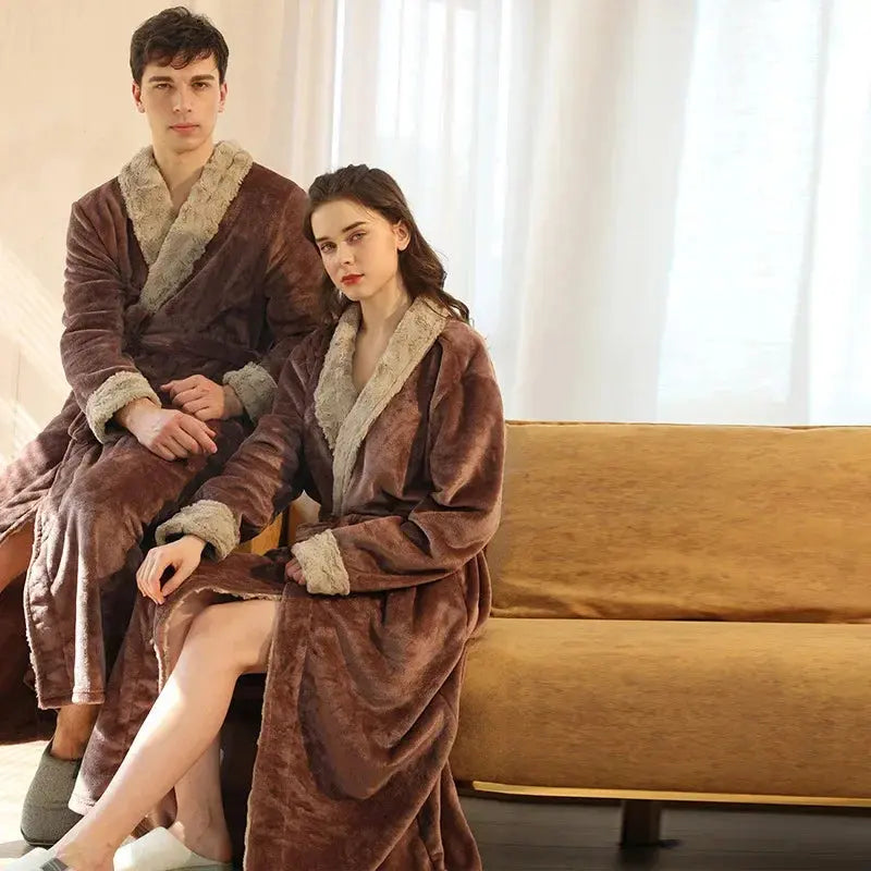 Couple's Flannel Fleece Bathrobes in Navy Blue, Black, Gray, Brown - Women's and Men's Sizes Available — Lifestyle 5