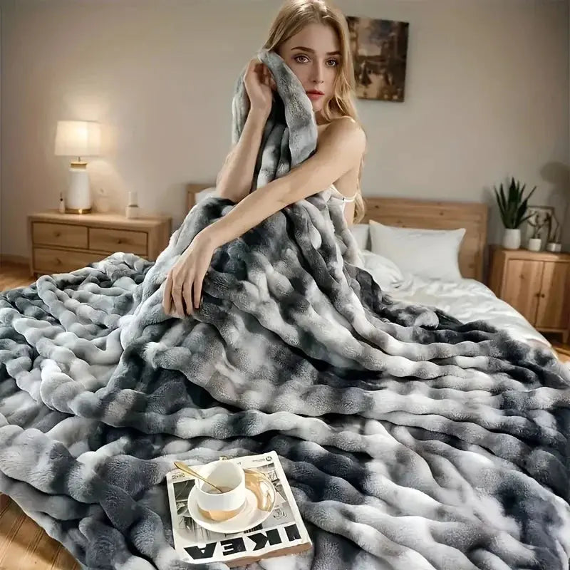 Luxurious Faux Rabbit Fleece Sleep Throw Blanket - Soft and Cozy - Available in Blue, Brown, Black, White - Multiple Sizes — 